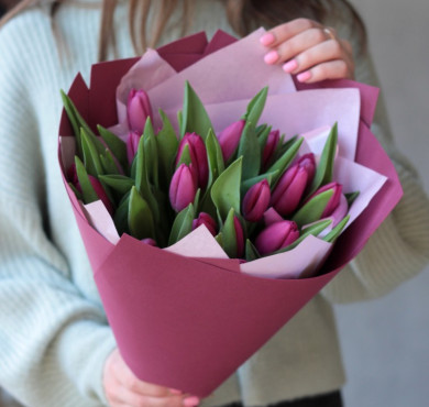 Букет из 25 фиолетовых тюльпанов